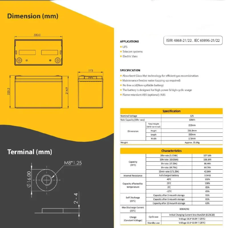 باطری یو پی اس یونیکور 12 ولت 100 آمپرساعت Unikor Ups Battery