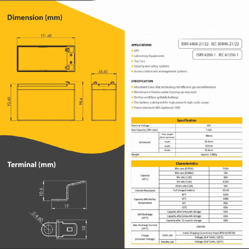 باطری یو پی اس یونیکور 12 ولت 7.5 آمپرساعت Unikor Ups Battery